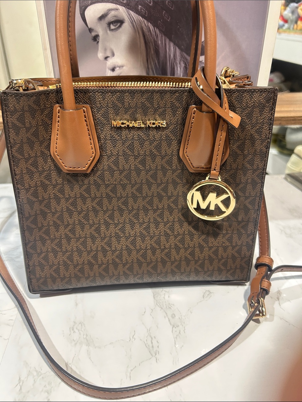 Michael Kors Brown Signature MK Crossbody Satchel with Gold Hardware